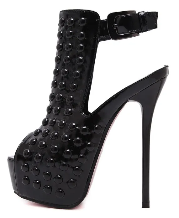 Black Patent Leather Studs Peeptoe Stiletto High Heels Platforms Ankle Boots Shoes