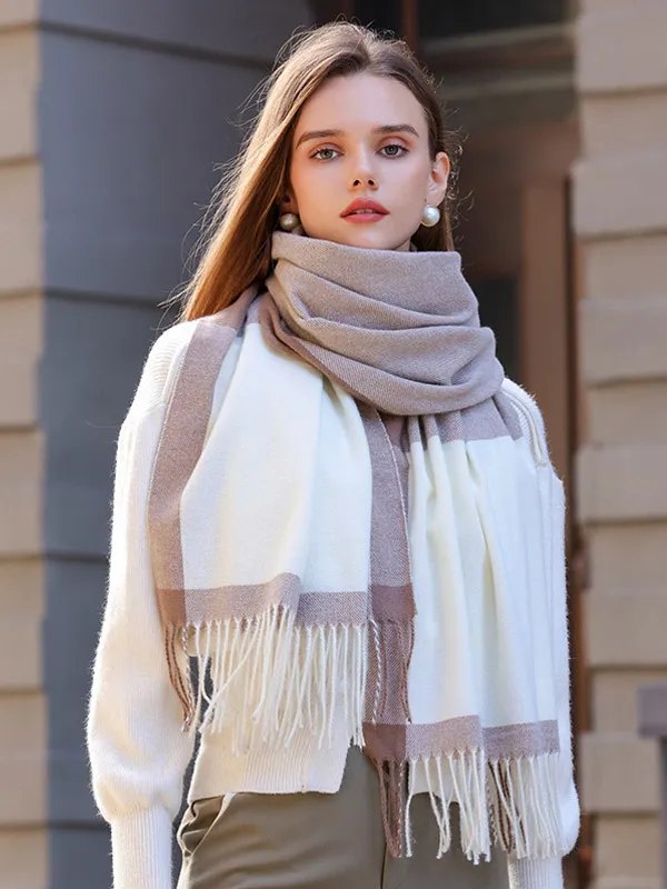 Classic Plaid Scarf With Fringe Daily Casual Scarves For Women