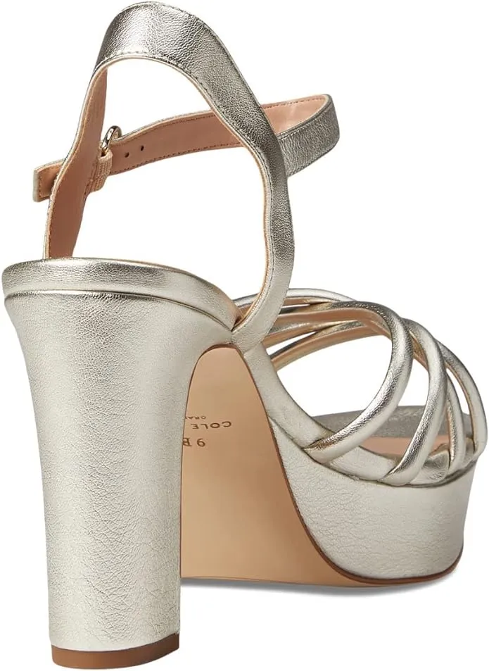 Cole Haan Grove Gold Leather Ankle Strap Strappy Open Toe Block Heeled Sandals