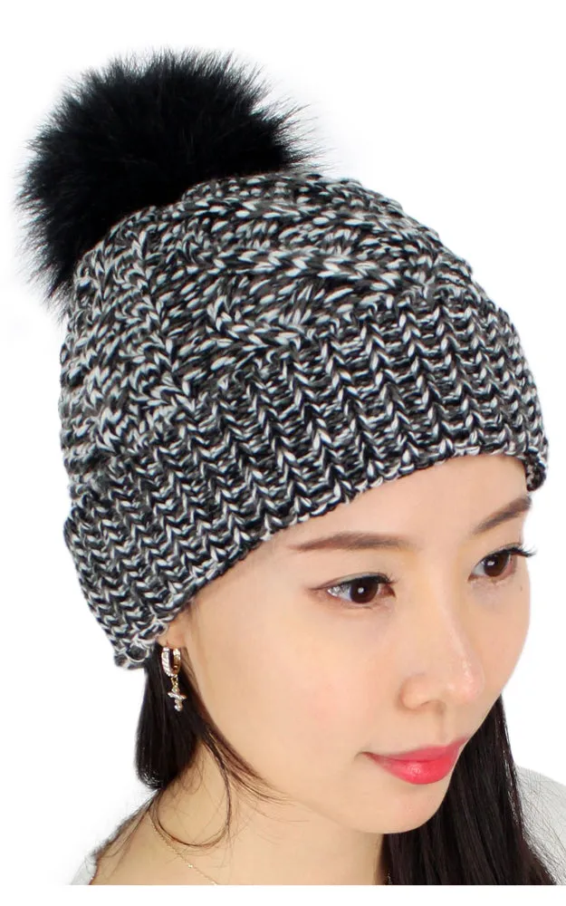 EHT10025 Multi Color Knit Pom Pom Beanie Hat