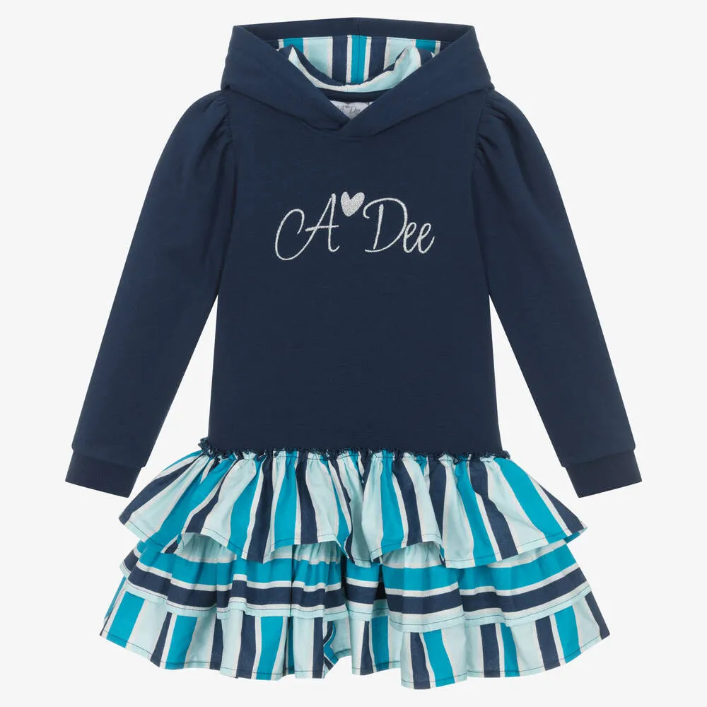 Girls Blue Hooded Sweatshirt Dress