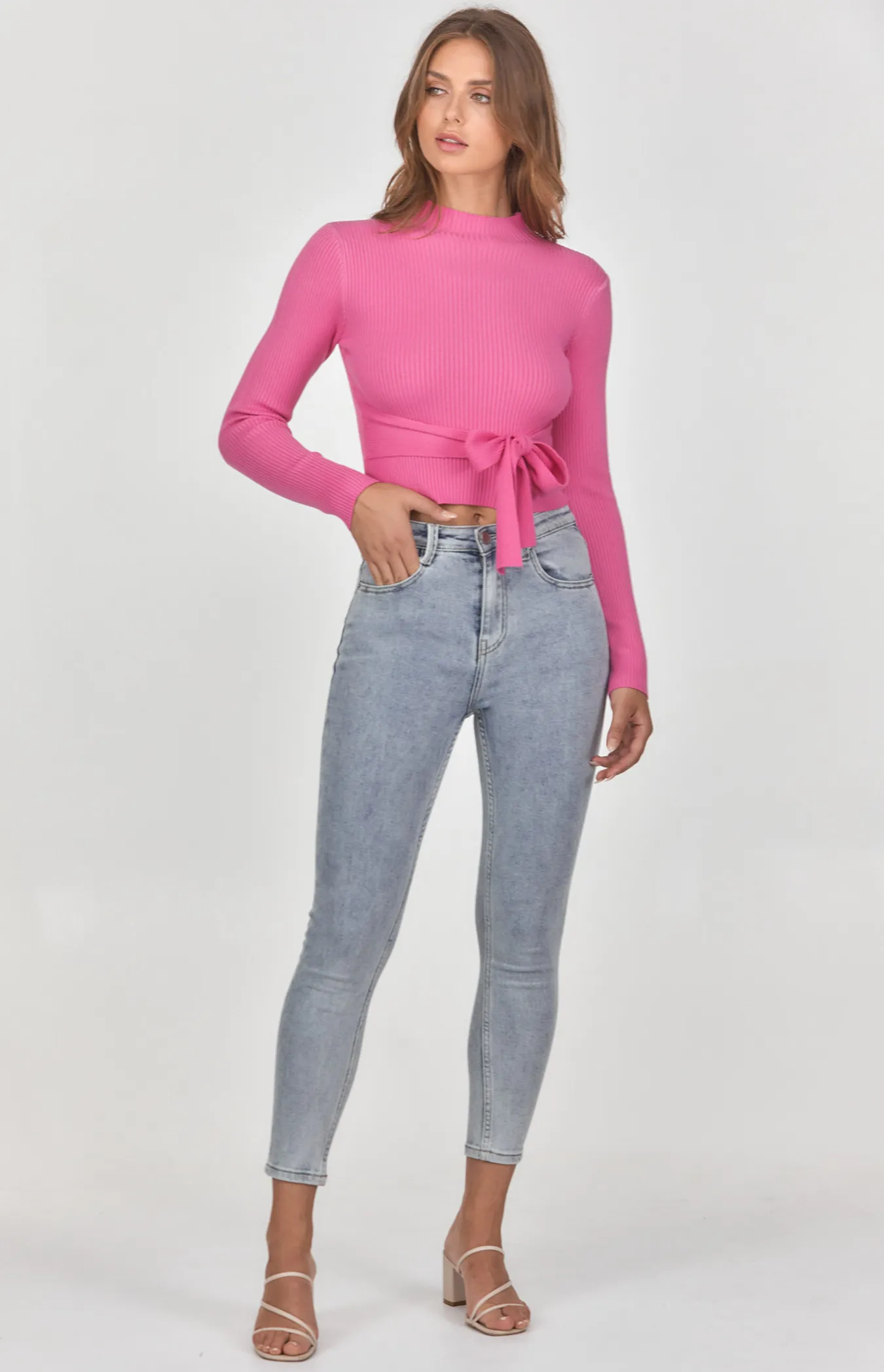 High Neck Ribbed Knit Basic with Tie Belt (SKN521)
