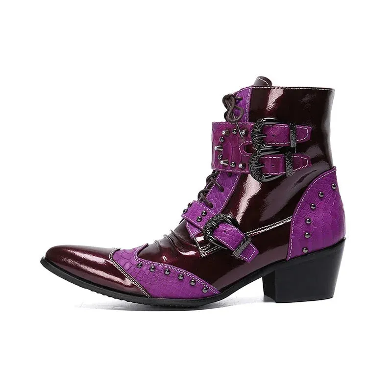 Men's Handmade Leather Lace Up Buckle Zipper Party Motorcycle Ankle Boots