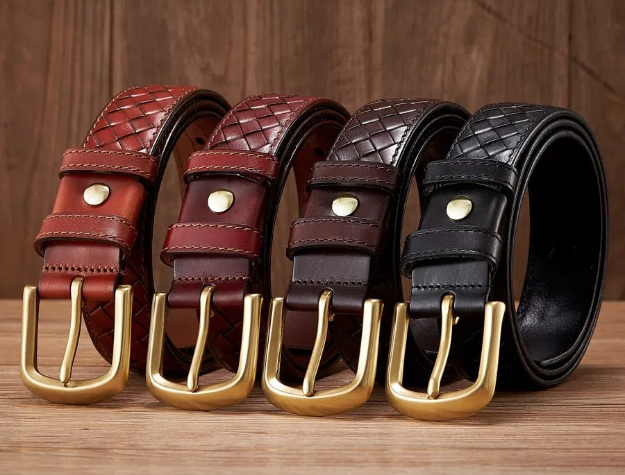 Men's Luxury Cowskin Geometric Pattern Copper Buckle Braided Strap Belt