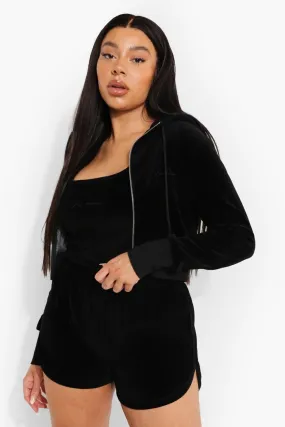 Plus Cropped Velour Embroidered Hoodie