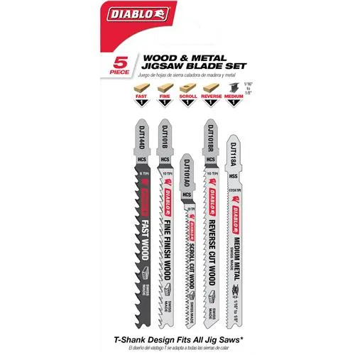 T33805 5 Piece Set of T-Shank High Carbon Steel/High Speed Steel Jigsaw Blades for Wood & MetalDiablo’s High Carbon Steel and Hi