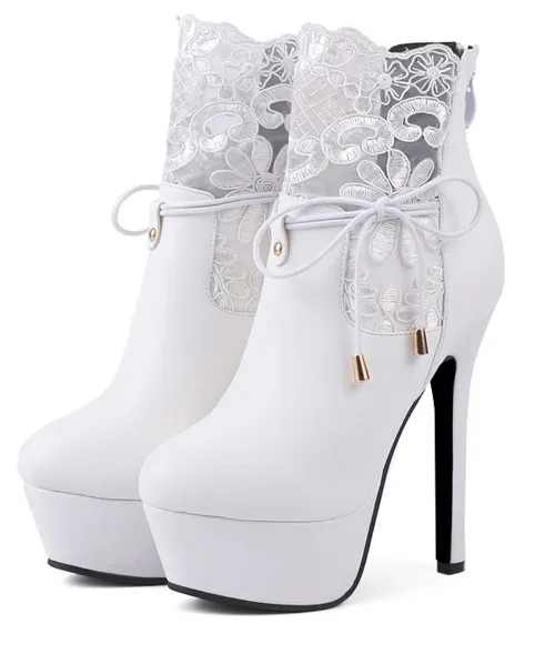 White Ankle Lace Crochet Platforms Stiletto High Heels Boots Shoes