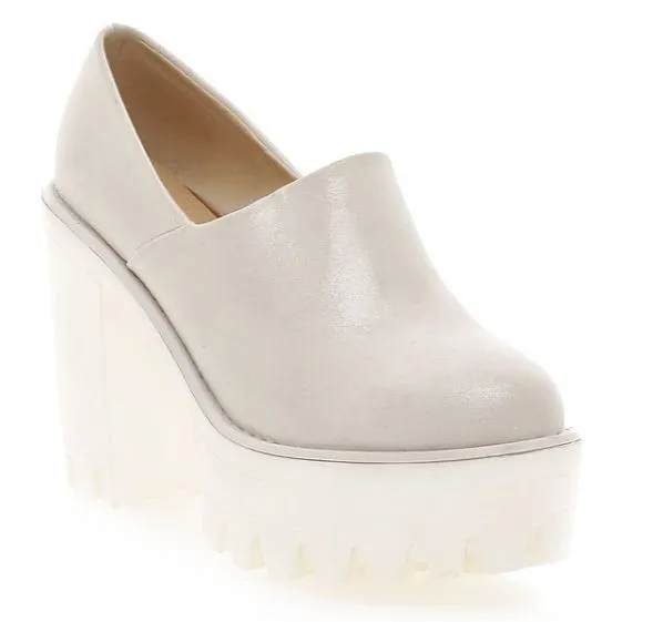 White Patent Glossy Chunky Sole Block High Heels Platforms Pumps Ankle Boots Shoes